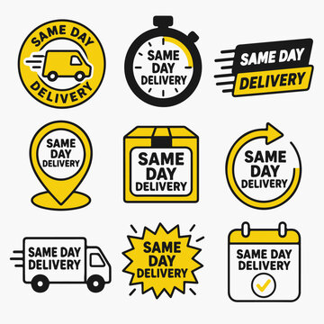 A collection of yellow and black icons representing same day delivery services.