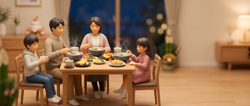 大晦日の夜に家族揃って温かい年越しそばを食べる食卓
