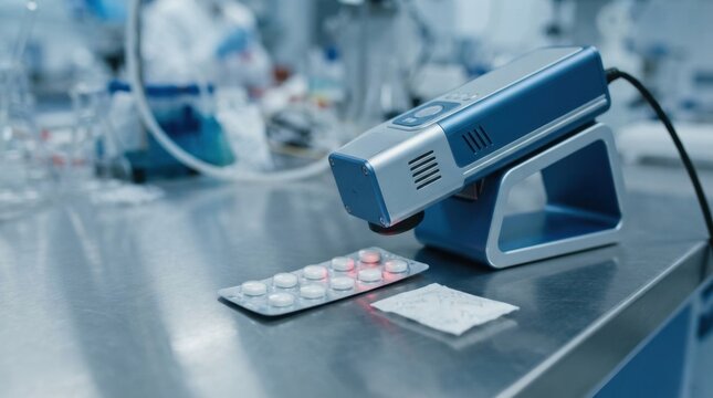 Near-infrared spectrometer testing moisture in a sealed pharmaceutical blister card beside a desiccant sachet
