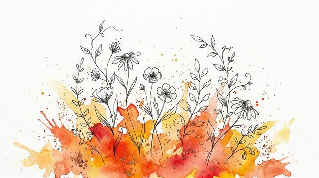 Wildflowers line art illustration with vibrant orange and yellow watercolor splashes, artistic background for seasonal greeting cards, invitations, and stationery