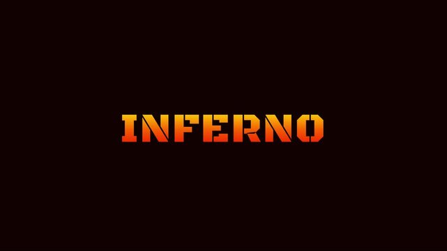 Inferno text animation with fiery gradient effect on dark 4k background, for cinematic titles, and gaming intros