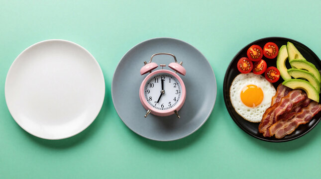 Top view of breakfast concept on mint background. Empty white plate, pink alarm clock on grey dish, black plate with fried egg, bacon, avocado, cherry tomatoes. Healthy morning meal time management