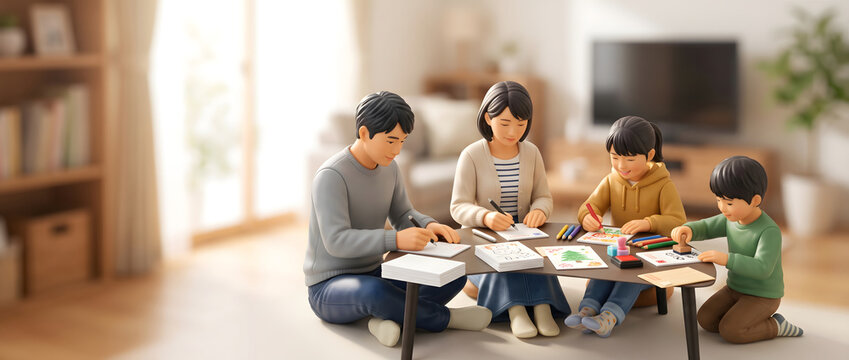 家族みんなで楽しく年賀状を書く様子
