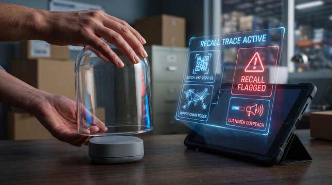 Smart supply chain tracking technology showing a product recall alert on a tablet screen with holographic AR overlay in a warehouse setting.