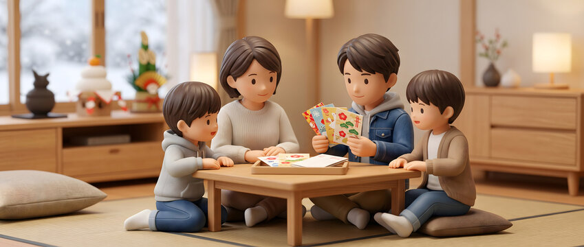 届いた年賀状を家族で楽しく読むお正月
