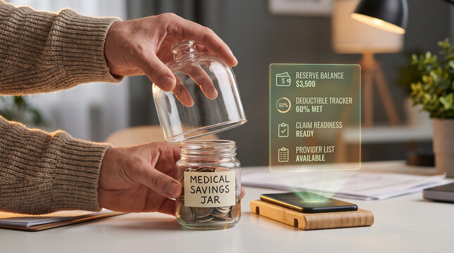 Medical savings jar with insurance app hologram showing reserve balance and deductible tracker. Person opening coin jar for healthcare expenses, digital finance technology concept for HSA or FSA.