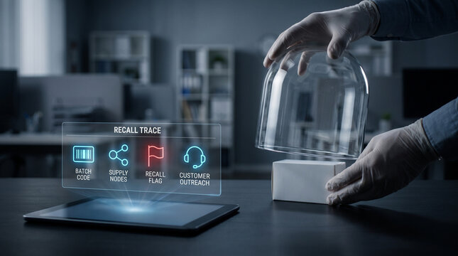 Product recall tracking system with digital interface for supply chain management. Gloved hands isolate a package under a glass dome in a high-tech laboratory setting for quality control.