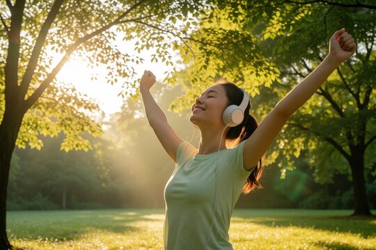 Young woman with headphones enjoys morning sun in park. She raises arms, smiles, feeling happy and free. Outdoor activity promotes wellness and healthy lifestyle.