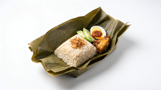 Authentic Betawi nasi uduk with coconut rice, fried chicken, egg and sambal, presented on white for restaurant branding, tourism promotion and food advertising.