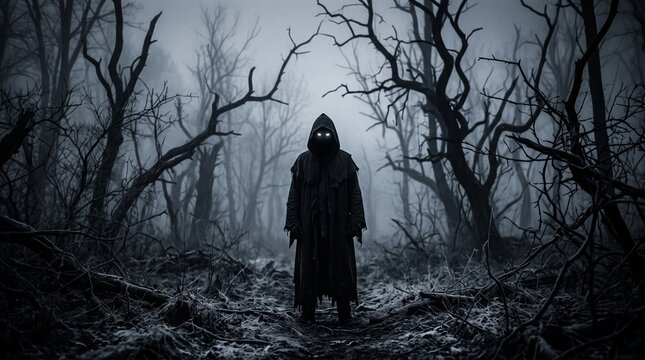 A hooded scary figure with glowing eyes. Standing in a spooky winter forest on a foggy day. With a monochrome edit