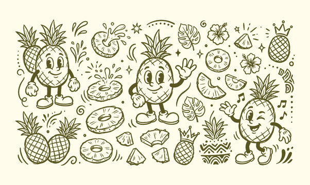 Vintage tropical pineapple fruit cartoon mascot character doodle set vector illustration