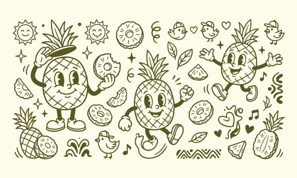 Vintage tropical pineapple fruit cartoon mascot character doodle set vector illustration