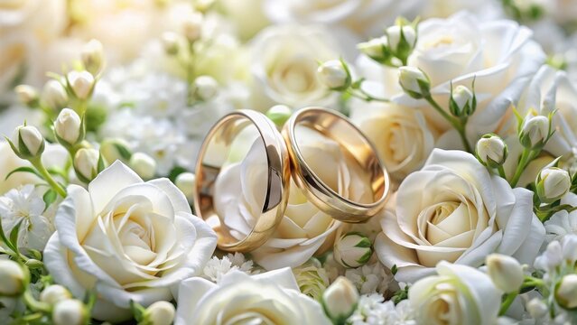 Wedding rings on a white kamboja of flowers