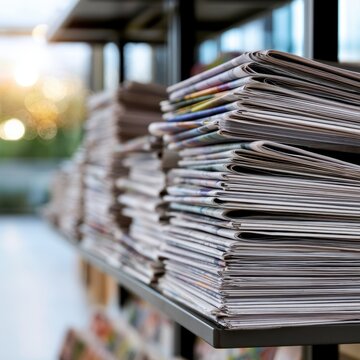 Stacks of freshly printed newspapers arranged neatly on display shelves in a well-lit modern bookstore or newsstand environment during daytime