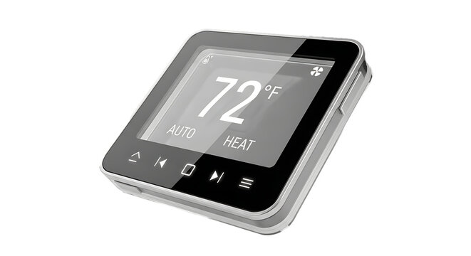 Modern Smart Thermostat Displaying 72 Degrees Fahrenheit in Heat Mode