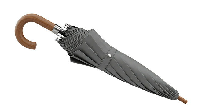 Closed grey umbrella with a classic wooden J shaped handle and metal accents