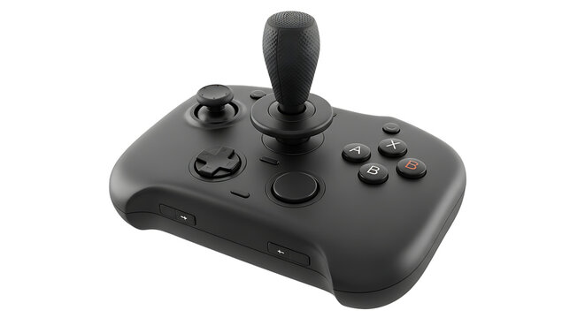 Modern Black Gaming Controller with Joystick and Buttons on White Background