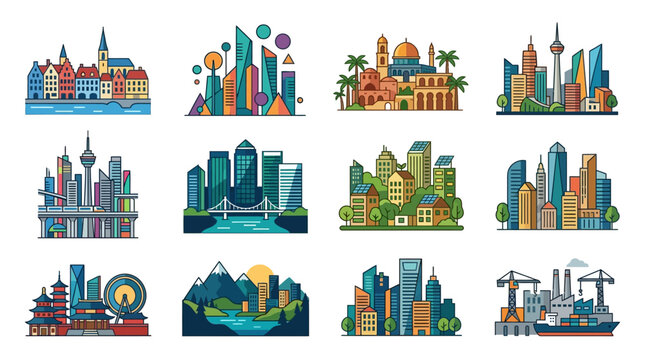 collection of diverse cityscape illustrations with various architectural styles and moods
