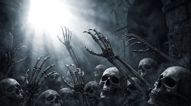 Zombie skeleton hand rising in dark Halloween night.
