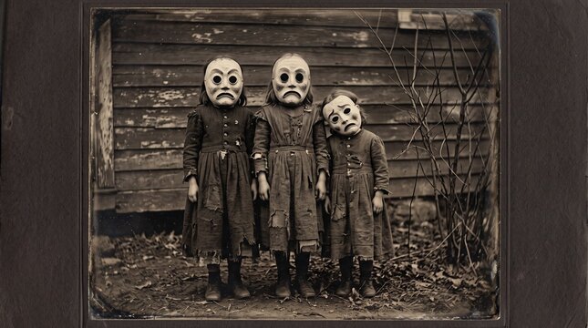 19th century children wearing Halloween masks, Halloween scary vintage photography