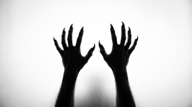 Shadow overlay effect for halloween background with Terrifying scary hands with long nails,Creepy monster claw,silhouette of hands,zombie hand rising out of a graveyard