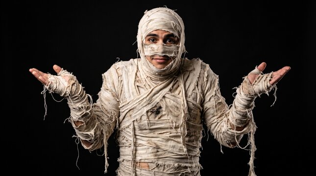 Studio shot portrait  of young man in costume  dressed as a halloween  cosplay of scary mummy pose like a open hand acting on isolated black background