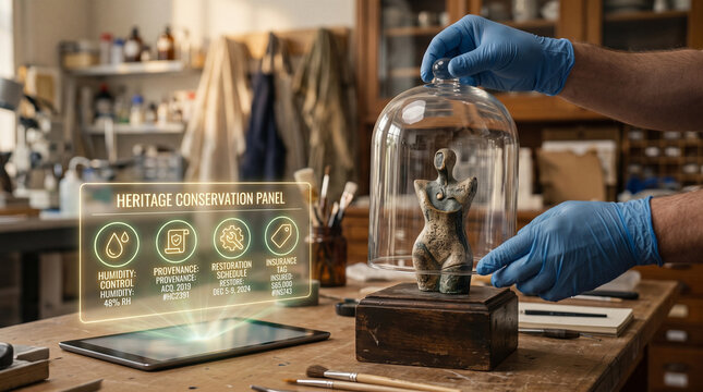 Heritage conservation professional examining ancient sculpture, museum artifact restoration with digital data panel, archeology lab
