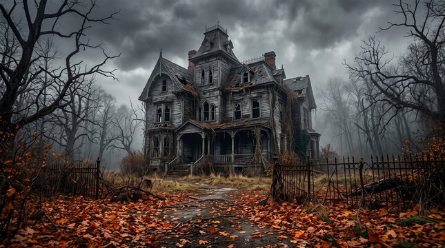 Haunted house, old worn-down abandoned home, creepy and spooky