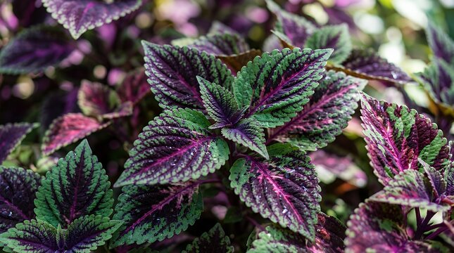 Dense Vibrant Dark Violet and Green Variegated Leaf Foliage Close Up Macro View foliage leaves plant leaf purple green variegated dense close up macro nature botanical garden flora detail vibrant