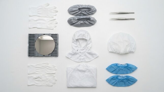 ESD gloves, antistatic shoe covers, wafer tweezers, wafer cassette, cleanroom hood, and cap on a white bench.