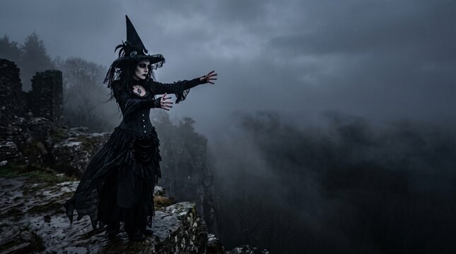 Scary witch dressed in black over a grey background, scary halloween party invitation card with empty space for text