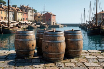 Naklejka premium Old wooden wine barrels sit on stone quay near harbor water. Traditional sailing boats float in blue sea background with coastal village buildings. Scenic maritime view of mediterranean port town