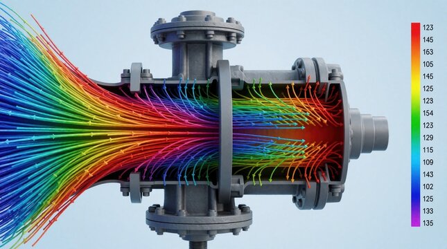 Cutaway view of industrial pump showing colorful fluid flow simulation with velocity visuals. Data visualization displays liquid motion within mechanical equipment, indicating pressure and speed.