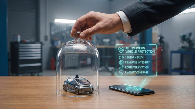 Autonomous vehicle insurance protection concept with hand placing glass cloche over self-driving car model and holographic UI display on phone.