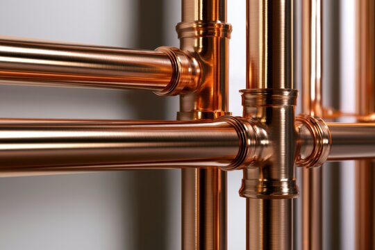 Shiny copper plumbing pipes connected with T-joints forming a modern industrial piping system with reflective metallic surface and details