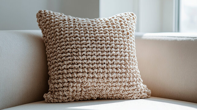 handmade crochet cushion displayed on a neutral sofa with soft daylight concept for home decor interior styling craftsmanship cozy living and modern textile design