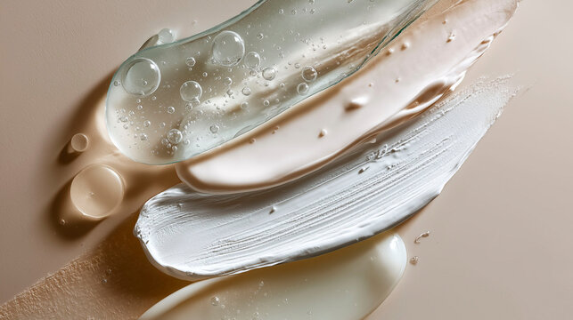 layered cosmetic gel cream and lotion textures arranged on soft nude background concept for skincare hydration cosmetic formulation wellness and modern beauty branding