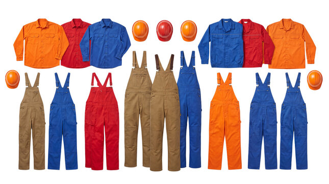 Industrial Work Apparel Display With Overalls Jackets And Hard Hats