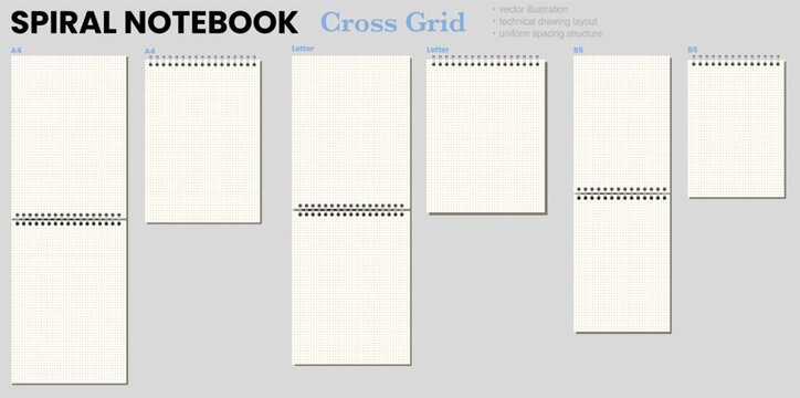 Ivory cross grid notebook page shows fine crosshatched squares, black wire binding, and varied formats on light gray background. Suitable for schoolwork, planning, stationery layouts, notes and
