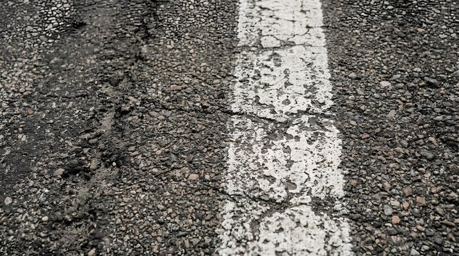 Weathered asphalt pavement with faded white painted road markings showing cracks and surface wear texture