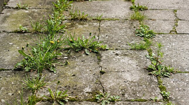 Concrete pavement slabs featuring a rough texture and green weeds pushing through the seams. urban nature resilience and growth concrete slab pavement texture weed crack green growth nature