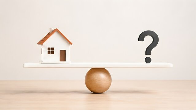 Miniature house and black question mark balancing on a wooden scale. Concept of real estate decision making and property value uncertainty.