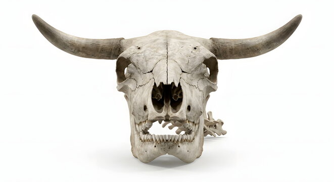 Front view of a dead bull head or skull skeleton against white background.