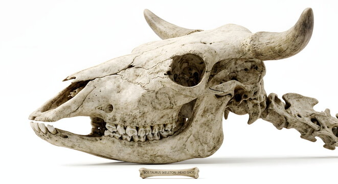 Side view of a dead bull head or skull skeleton against white background.