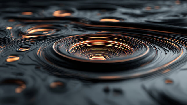 Close-up of water ripple effect with reflections and concentric circles on dark surface with light highlights