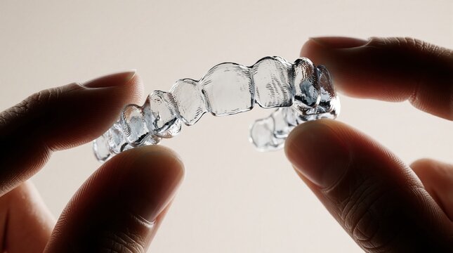 Closeup of person holding clear dental aligner with fingers. Transparent plastic orthodontic appliance for teeth straightening, smile correction. Invisible braces device used for dental hygiene, jaw