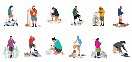 Fototapeta premium Set of illustrated people engaging in various outdoor and hiking activities such as birdwatching, photography, and exploring nature on a white background.