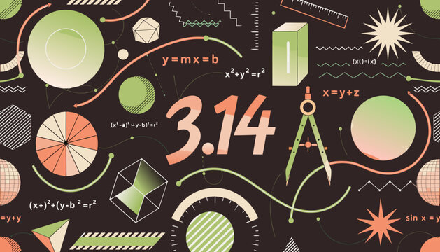 Modern flat vector illustration of mathematics and geometry concepts featuring Pi 3.14, algebraic formulas, geometric shapes, and drafting tools on a dark background.