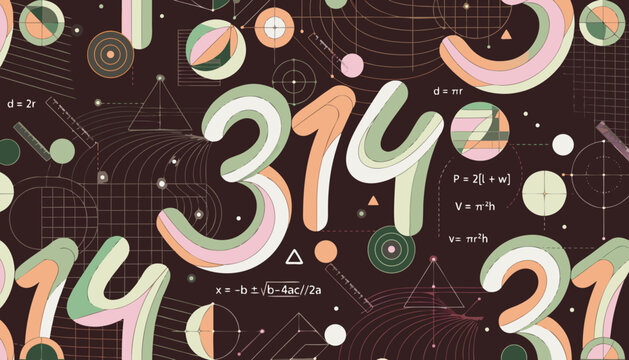 Abstract mathematics background featuring number 314 and geometric formulas in a vintage graphic design style for educational and scientific concepts.