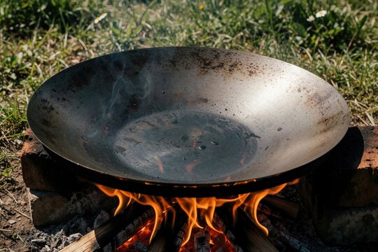 Discada pan heats over open wood fire. Metal wok sits on bricks outdoors for cooking food. Smoke rises from hot iron surface in grassy field. Rustic meal preparation begins.
